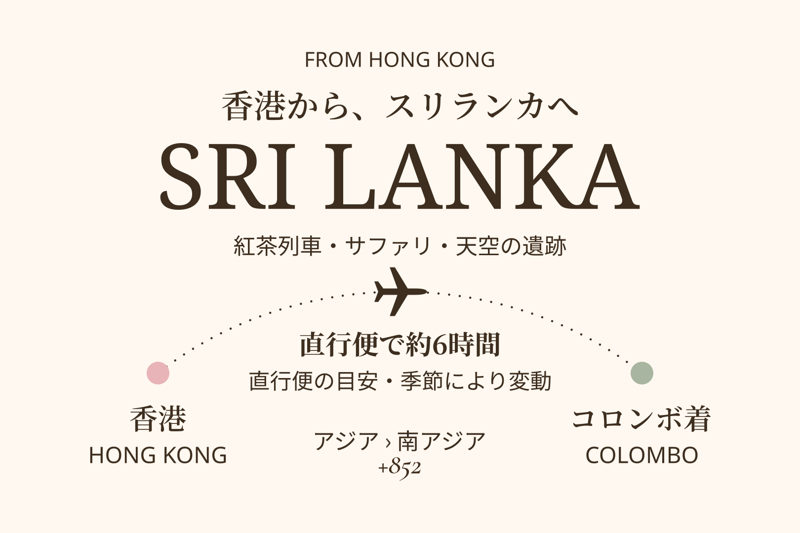 香港発スリランカ旅行の案内。コロンボまで直行便で約6時間、季節により変動。