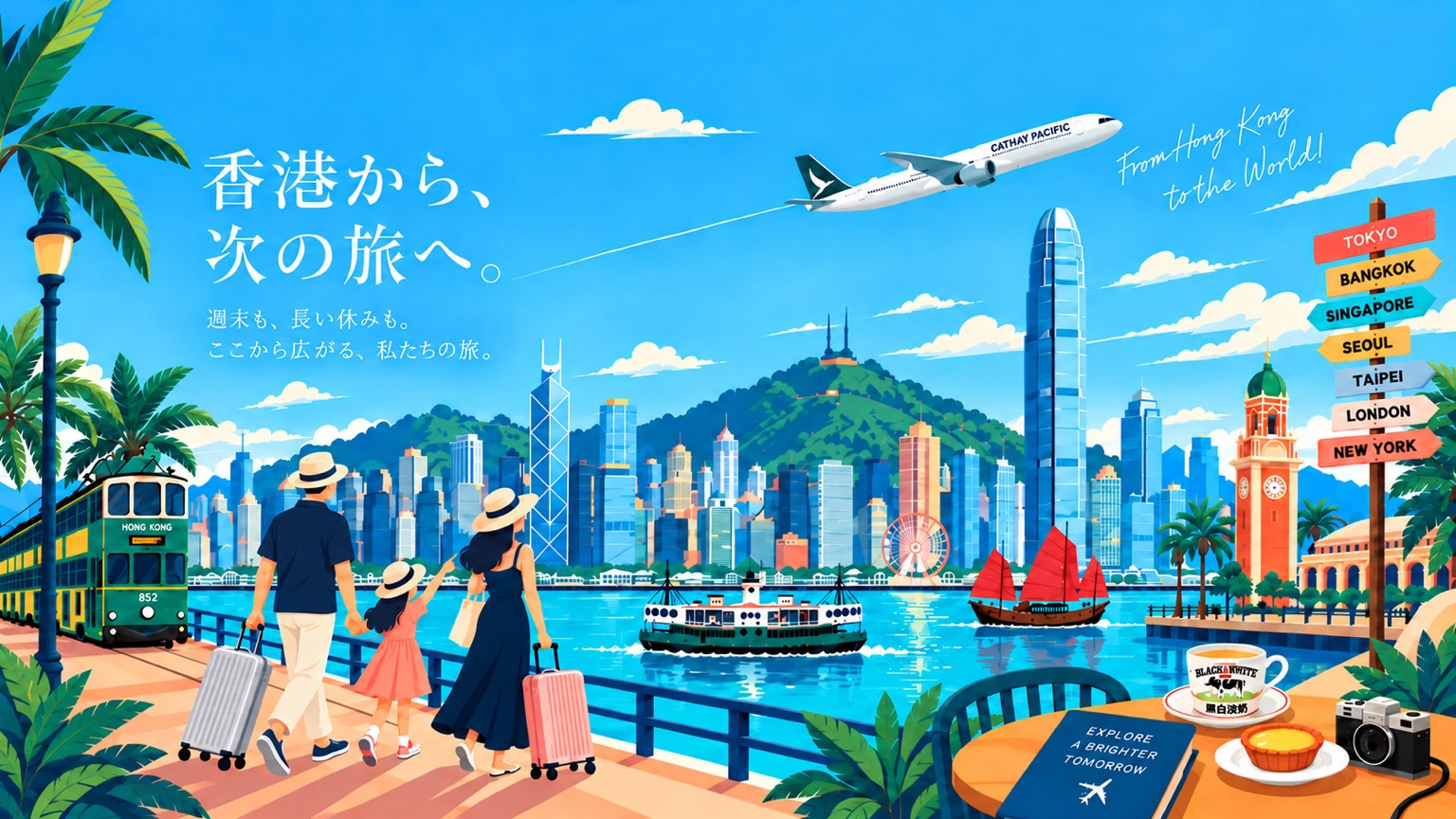 香港から、次の旅へ。青空の飛行機、香港の街と港、旅へ向かう家族のイラスト